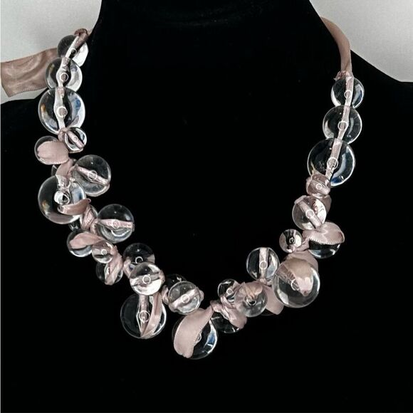 Vintage Clear Lucite Bubble Necklace 18" Pink Ribbon Tie Closure Statement - Picture 1 of 6